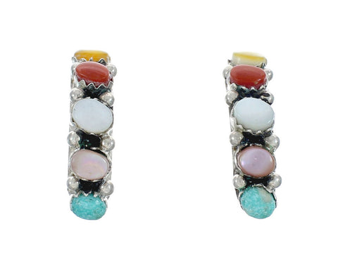 Genuine Multicolor Sterling Silver Post Hoop Zuni Earrings X10037